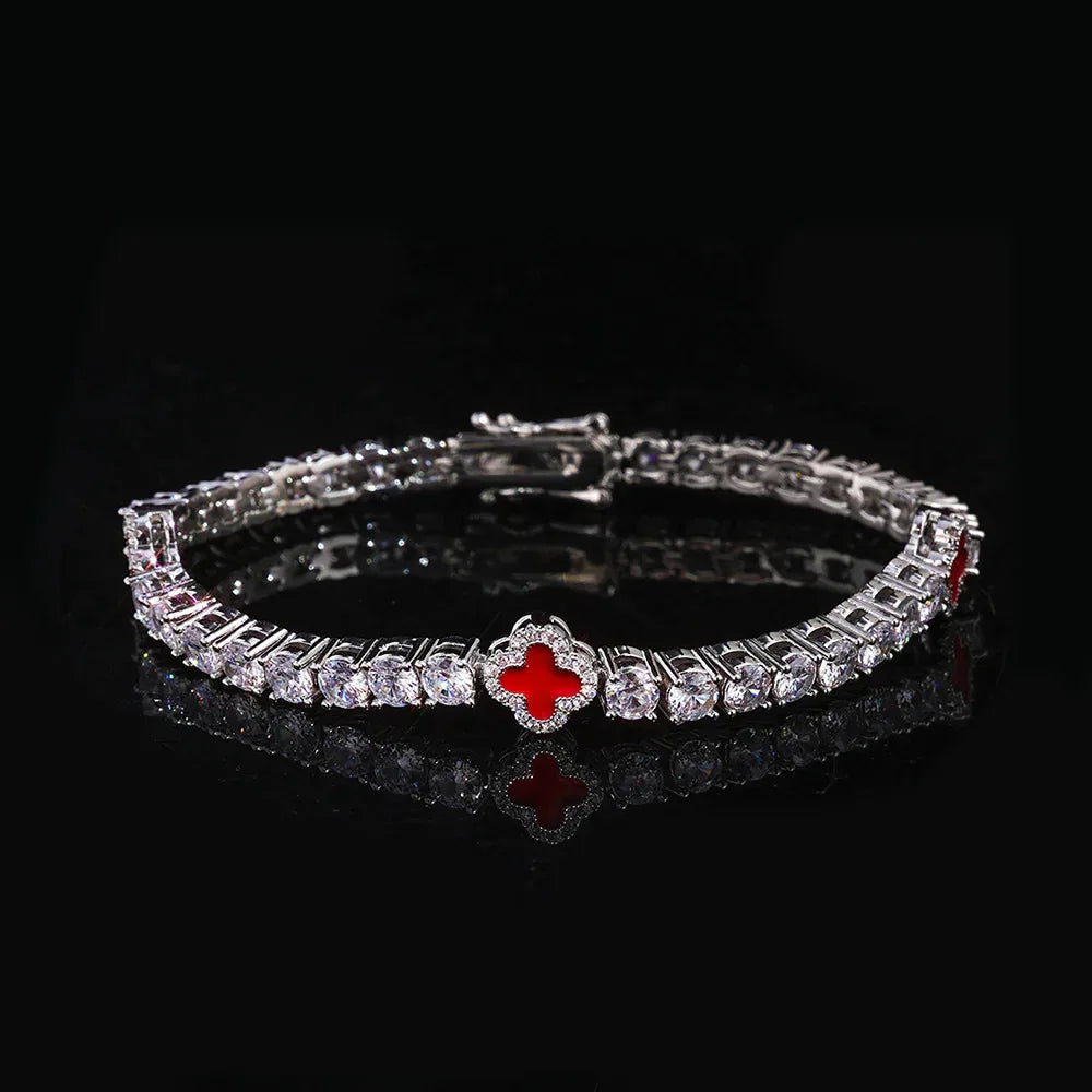 S925 Sterling Silver Moissanite Clover Bracelet | Color Enamel Tennis Chain | Tester Passed Rapper Chain Style | Caratix - CaratixJewelry